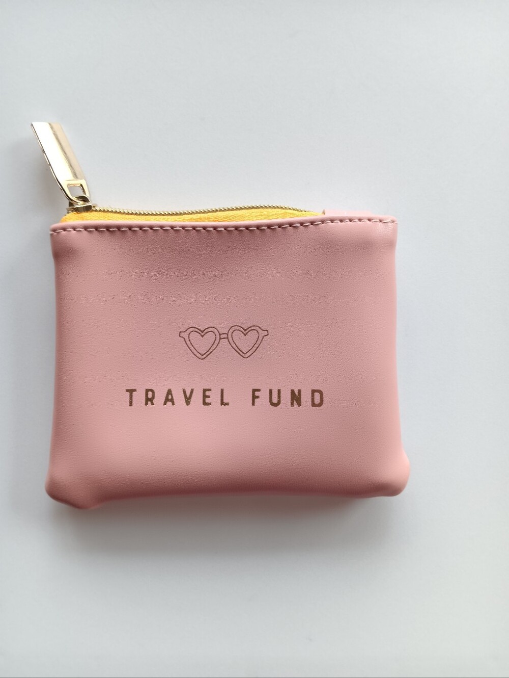Elum Travel Fund Coin Purse Pouch Zip Top Lined Heart 3" x 4" Pink Gold